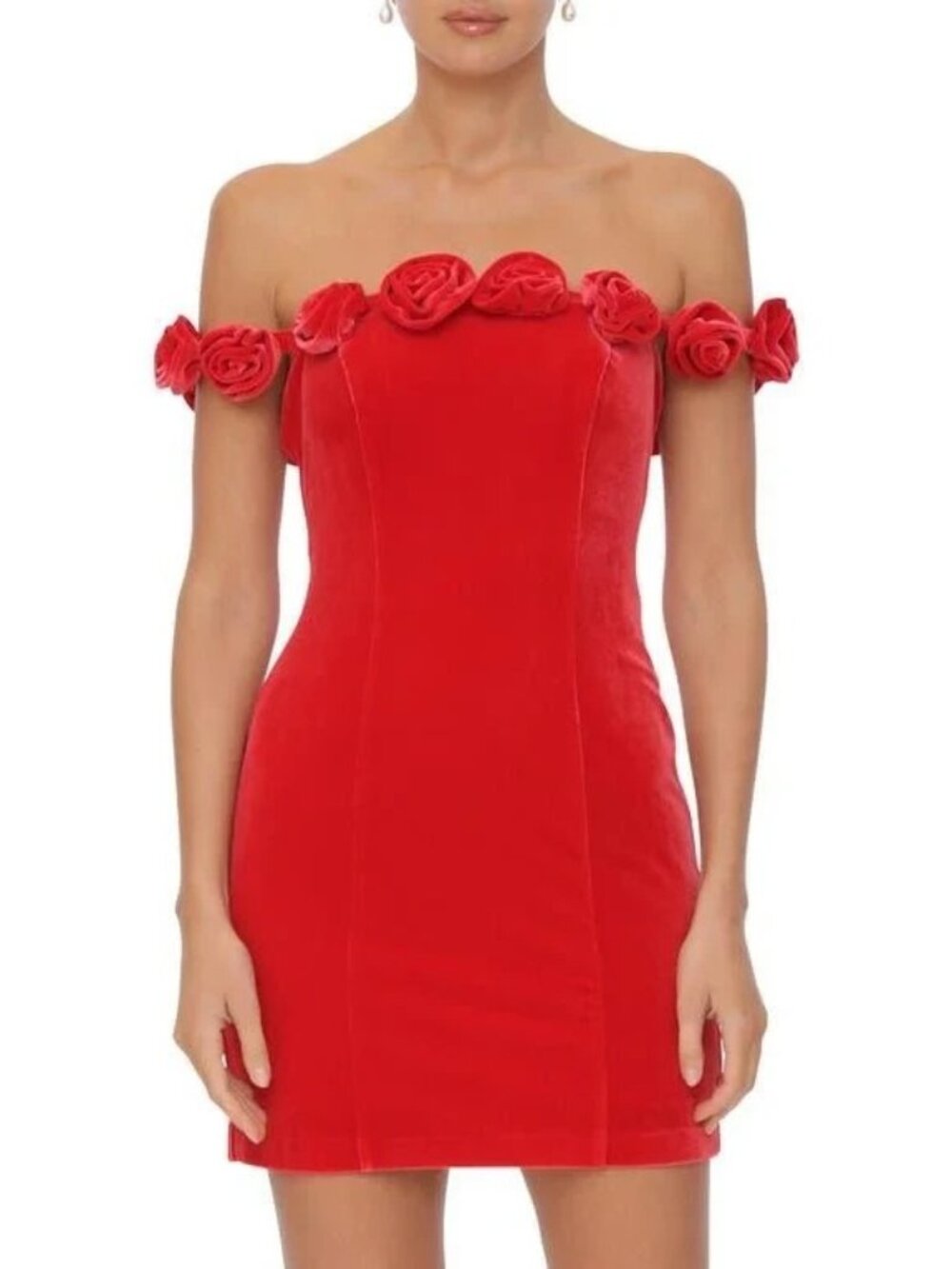 Avec Les Filles Red Velvet Rose Off Shoulder Mini Dress, Size 14